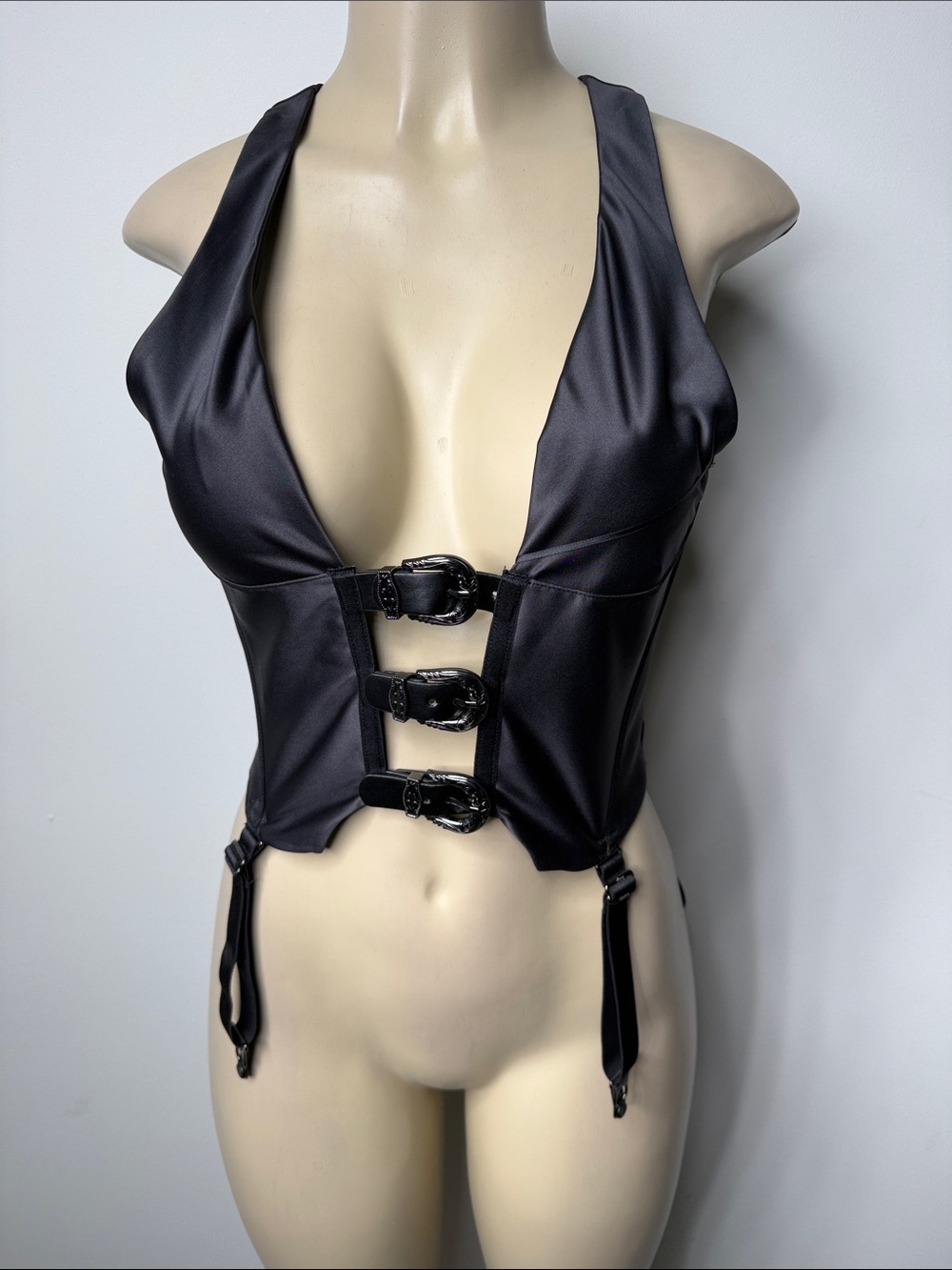 Honey Birdette Black Satin Buckle Halter Top
